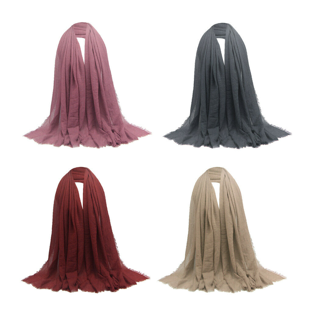 4x Women's Stylish Soft Cotton Long Scarf Plain Pleated Hijab Head Scarf