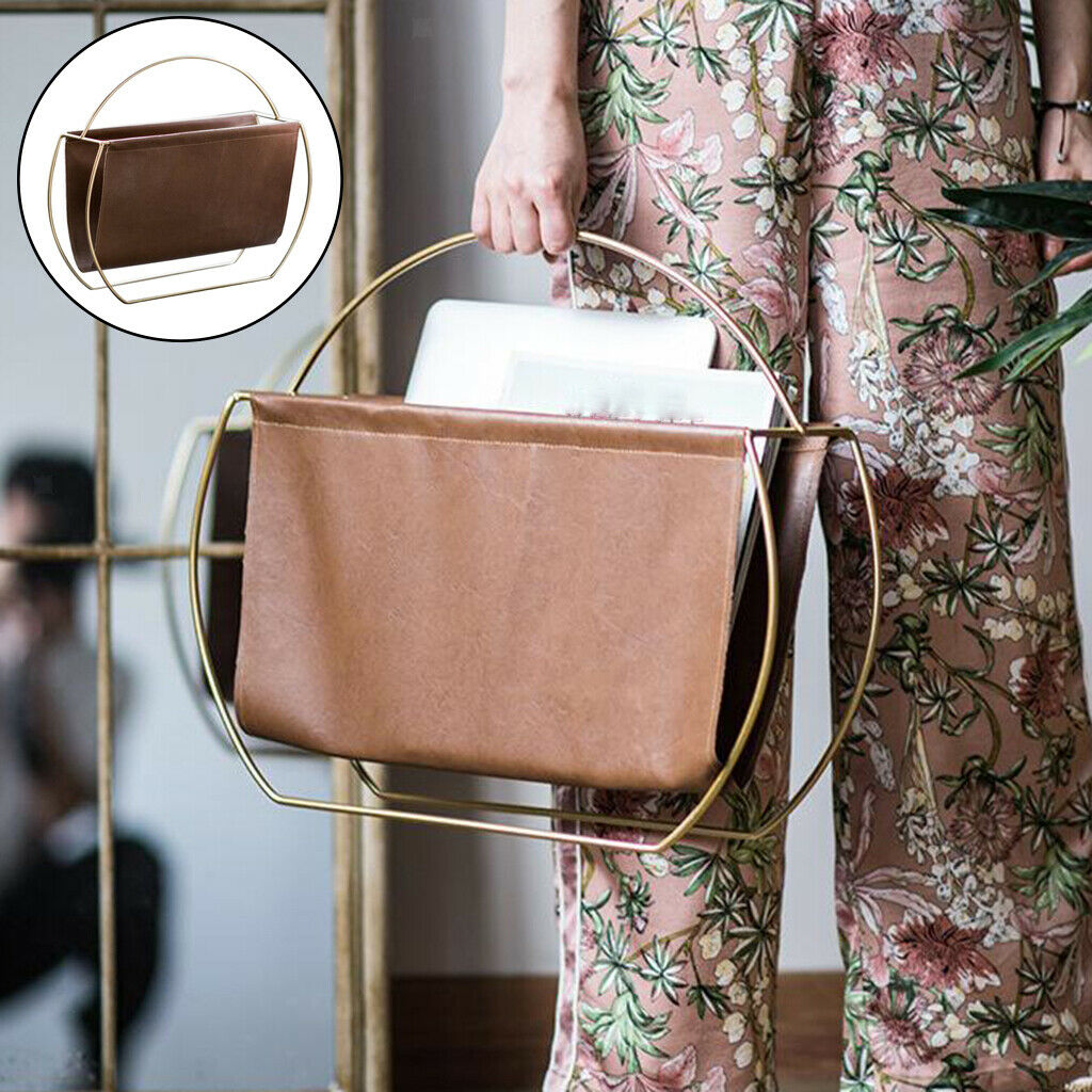 Magazine Rack Metal Desktop Newspaper Files Holder Organizer PU Pocket Elegant