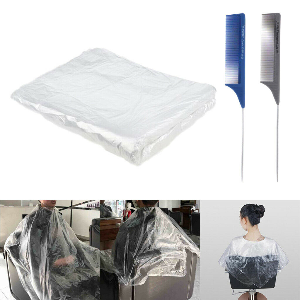 50pcs Plastic Cutting Styling Capes Cloth w/ 2pcs Pintail Combs for Salon