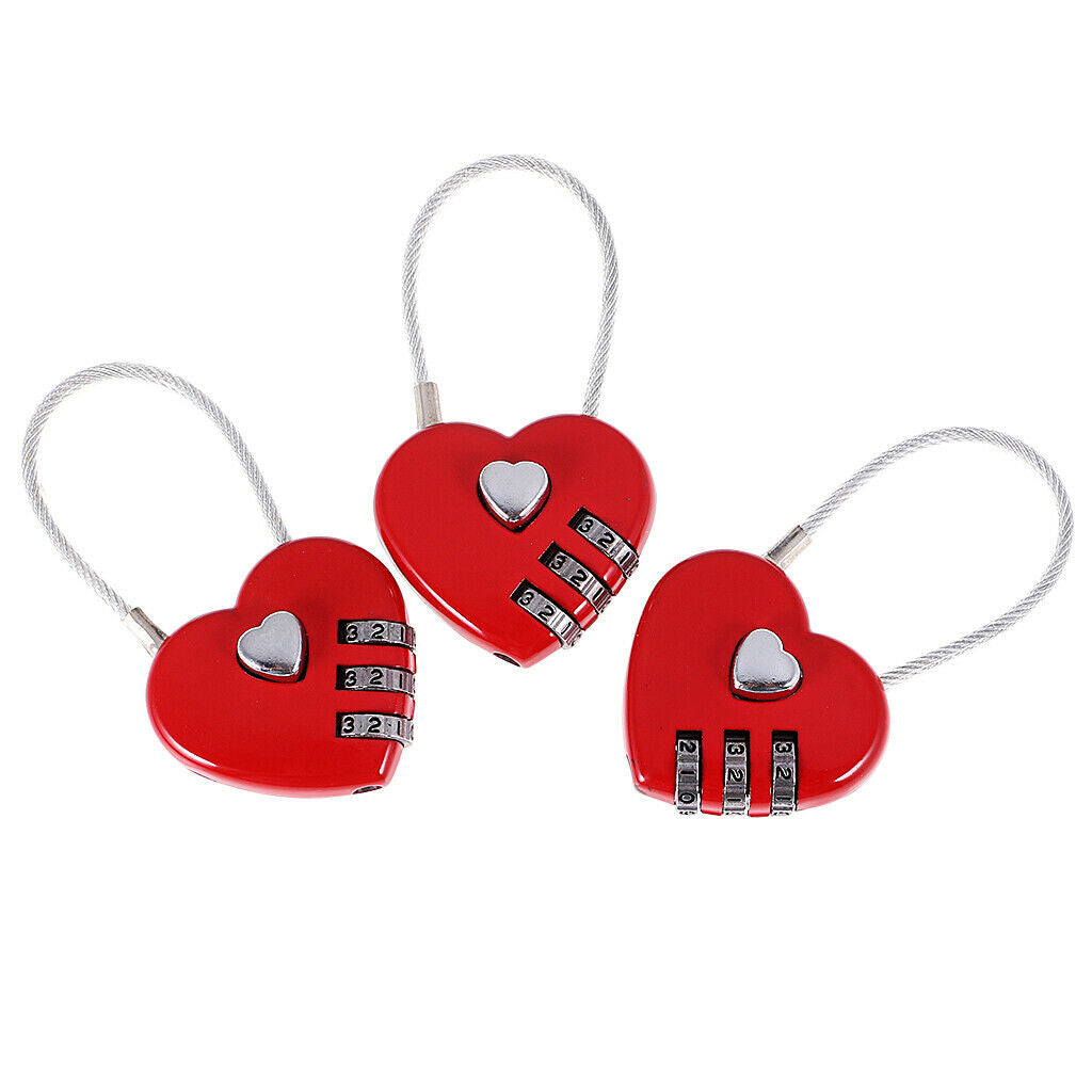 3Pcs Love Heart Wire Combination Padlock Diary Travel Locker Set Pendant Red