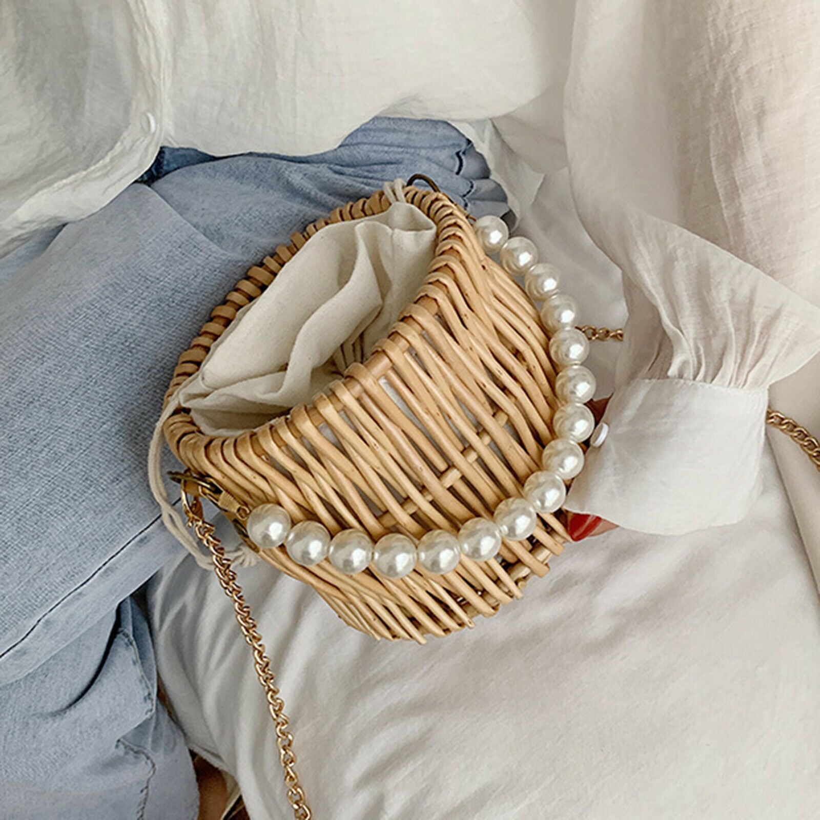 Hand Woven Rattan Straw Bag Crossbody Beach Handbag For Women Small Purse