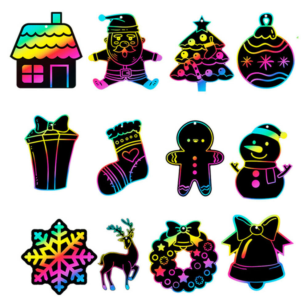 Christmas Scratch Painting Set Bell Deer Tree Paper Children Kids Art Supplies