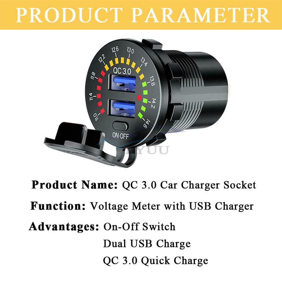 1PCS Car Motorcycle QC 3.0 Dual USB Charger with LED Voltmeter Switch Universal