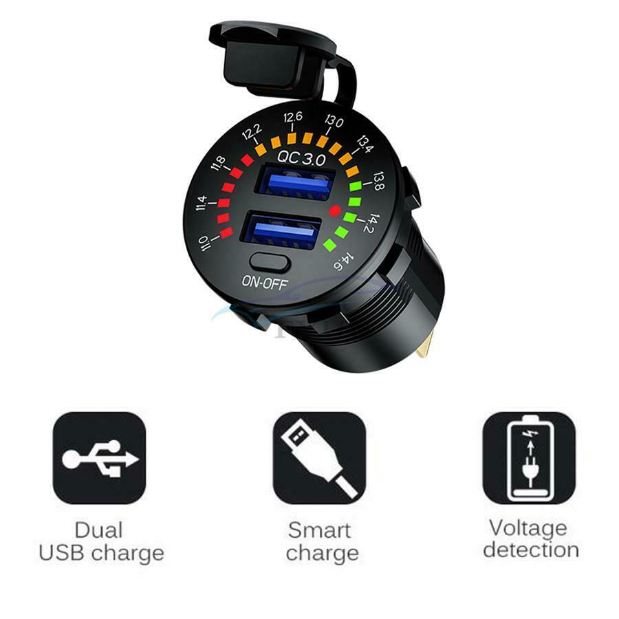 1PCS Car Motorcycle QC 3.0 Dual USB Charger with LED Voltmeter Switch Universal