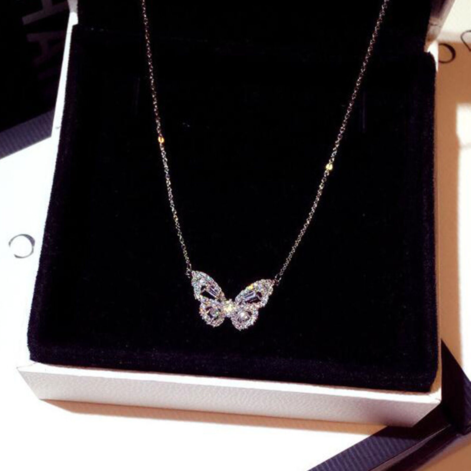 Women Butterfly Pendant Necklace Crystal Copper Long Chain Choker Jewelry Gift