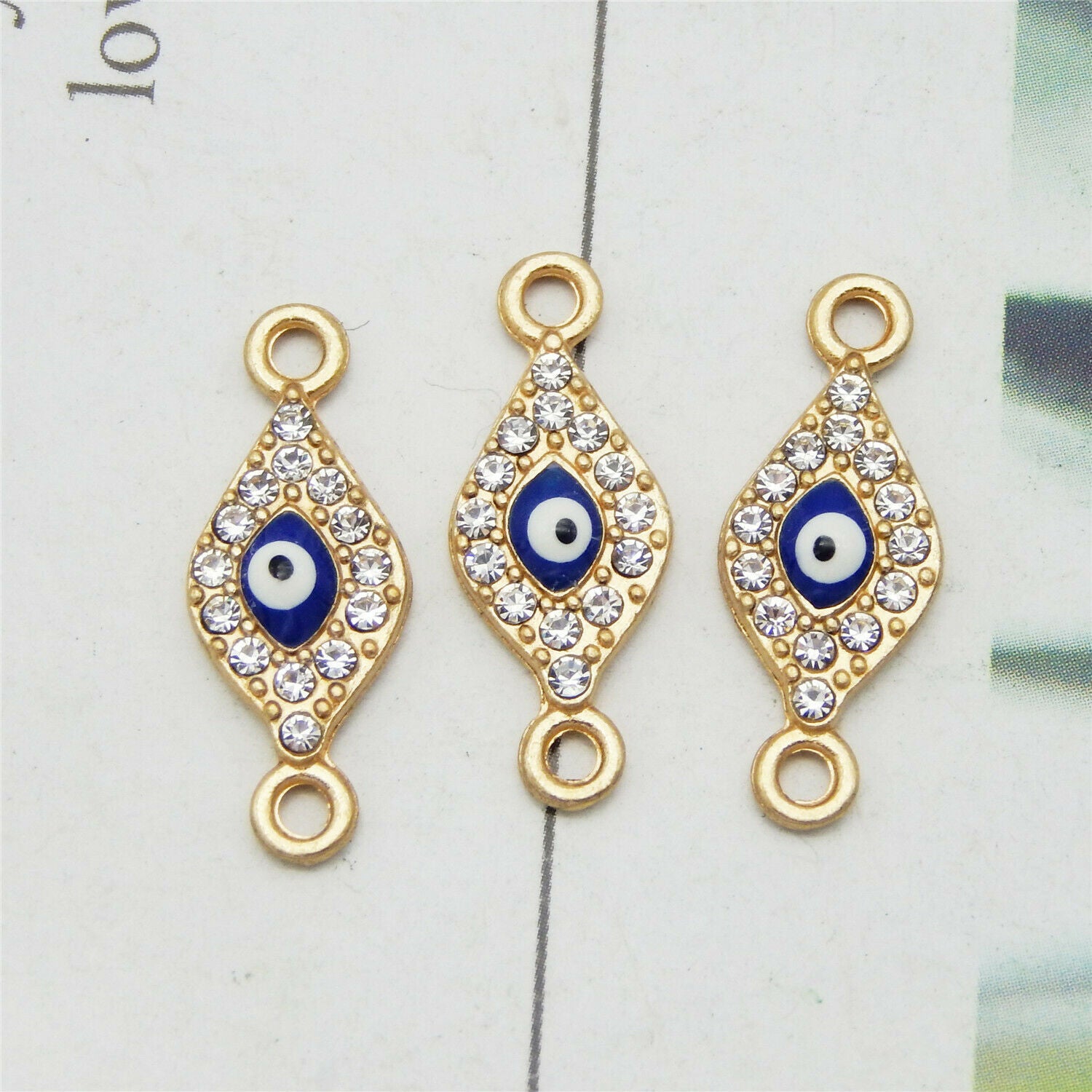 22*9mm Golden Alloy Enamel Eye Charm Pendant Rhinestone Connector Jewelry 12PCS