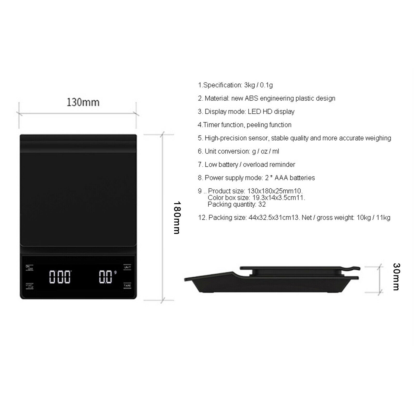 3KG/0.1g Smart Drip Coffee Scale Precision Coffee Pot Food Scale Household