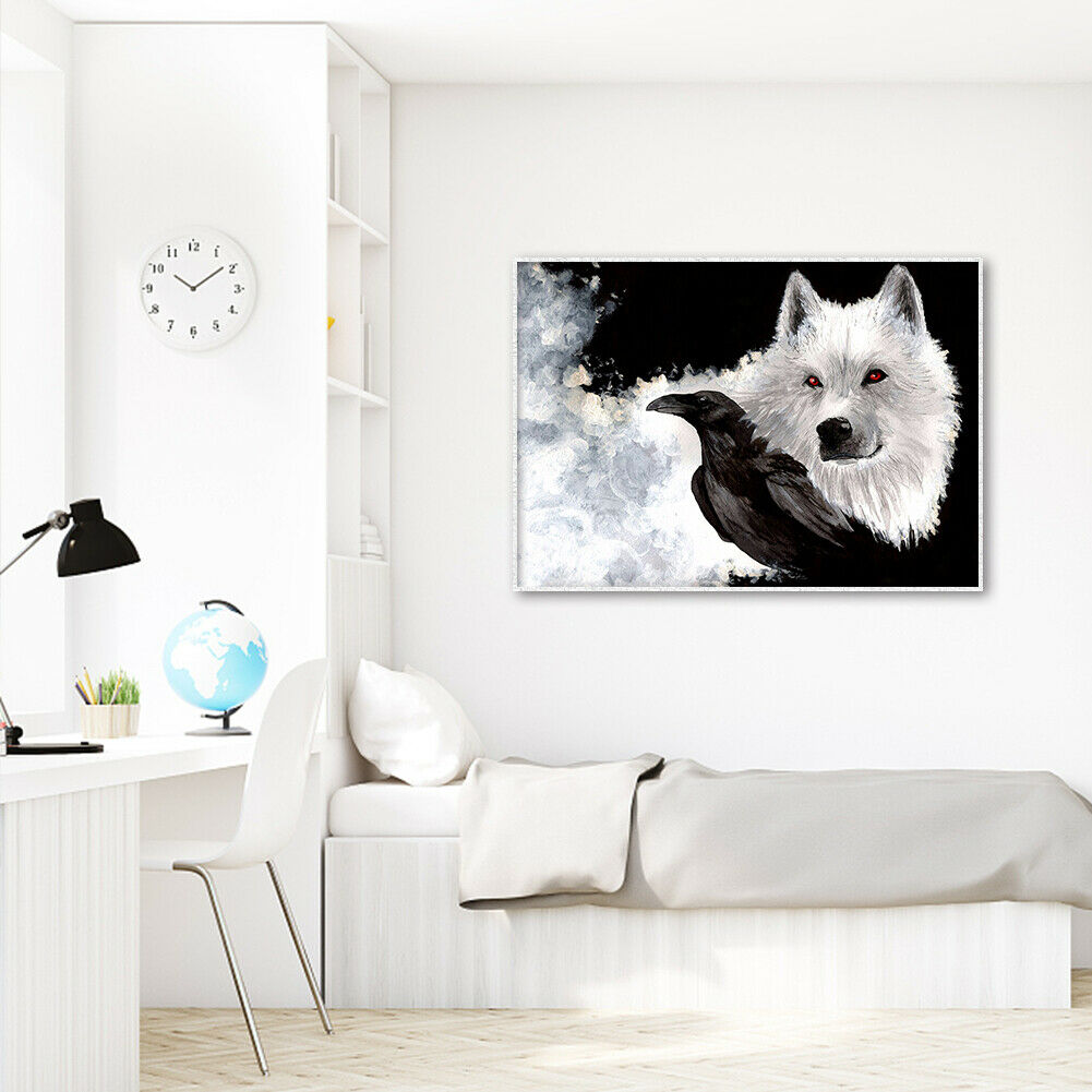 5D DIY Diamond Painting Wolf Black Bird Full Round Drill Canvas Drawing Kit @