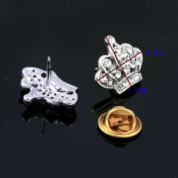 2 Pairs Luxury Crystal Royal Crown Brooch Suit Shirt Collar Pin Jewelry Gift