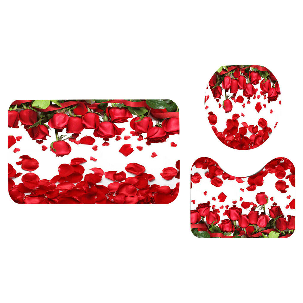 2Set 3Pcs Red Rose Pattern Toilet Lid Cover Bath Rug Set Shower Ensemble