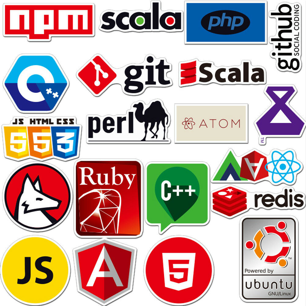72x Developer, Programmer Stickers of Programming Languages and Internet Brands