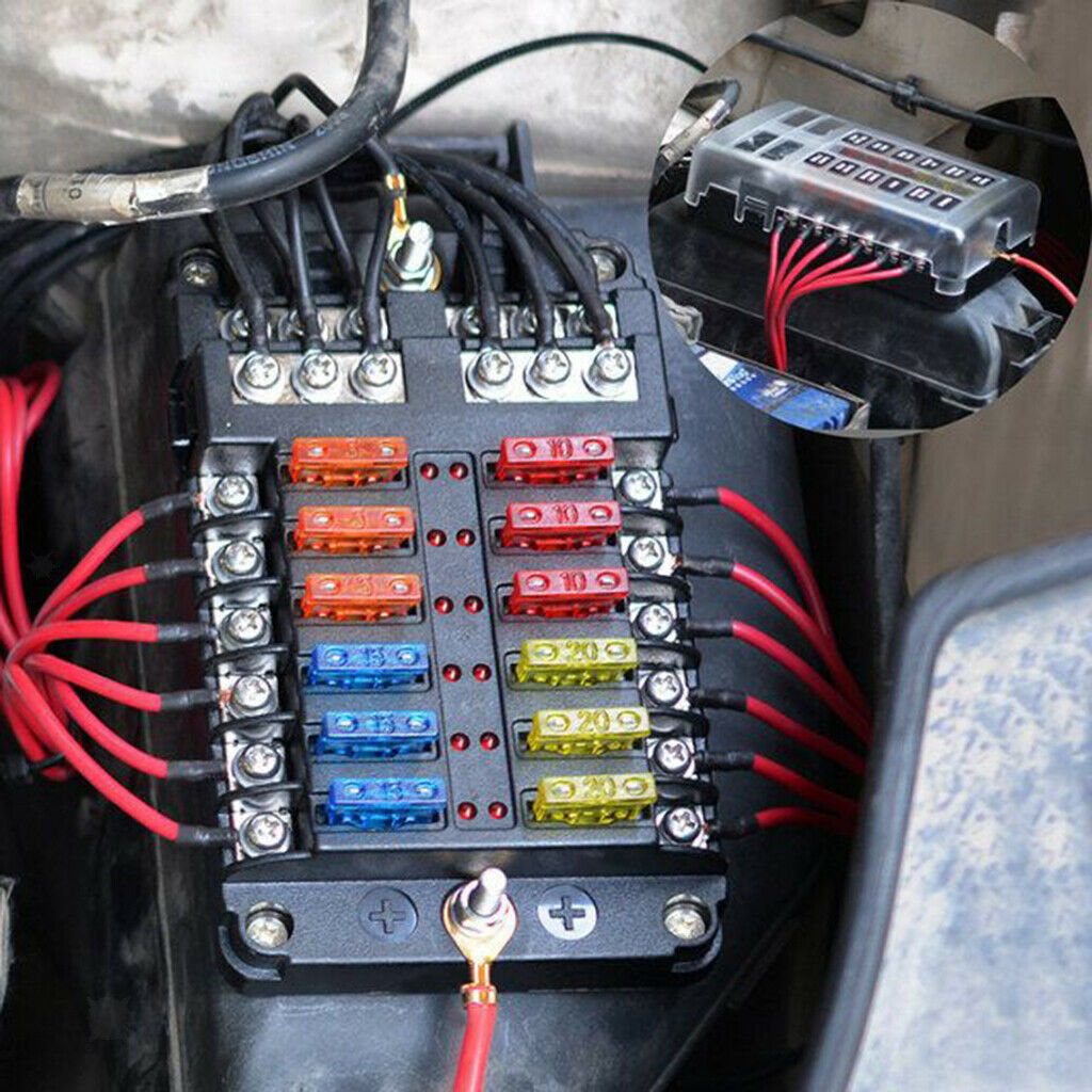 12 Circuit Automotive Fuse Holder LED Illuminated for Car Marine RV Yacht