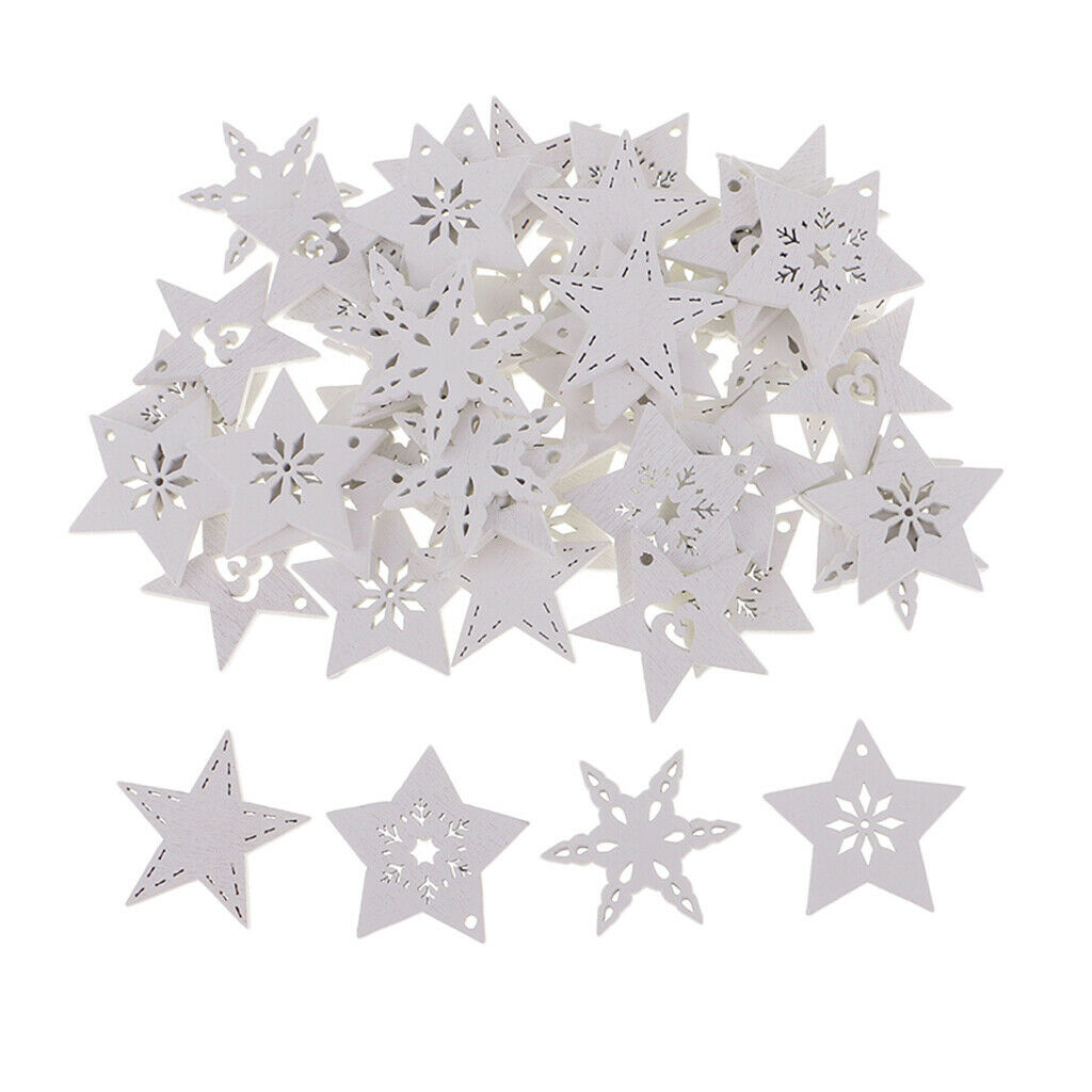 50 Pieces White Wood Cutouts Star Shapes Wood Snowflake Wooden Decoration