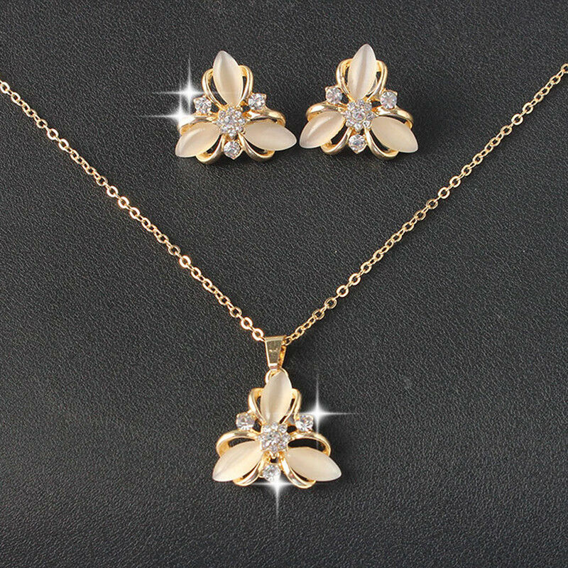 Opal Flower Hollow Out Necklace Earrings Jewelry Sets For Wedding ParDEAU