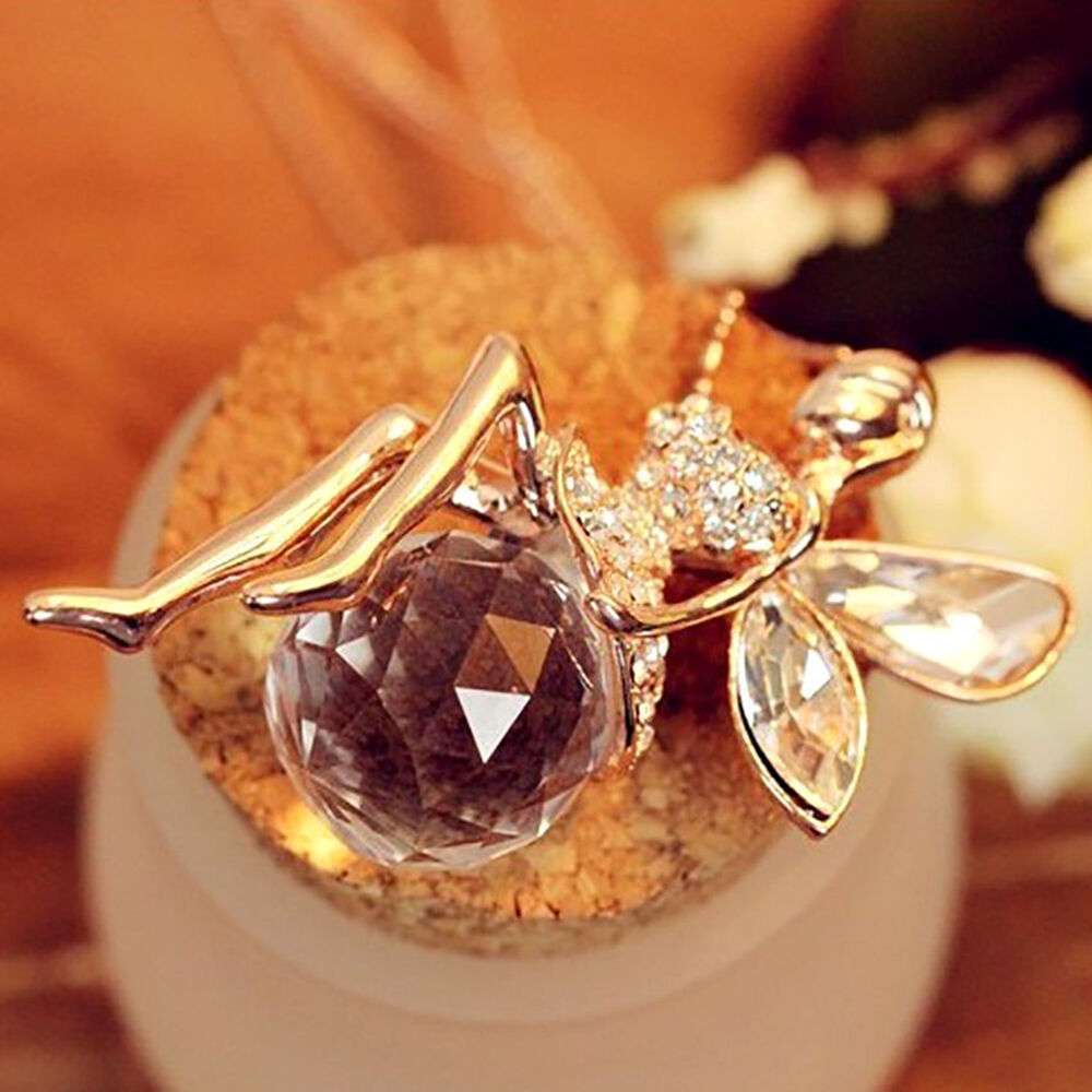 Fashion Women Fairy Angel Wing Crystal Pendant Long Chain Sweater Necklace Gift