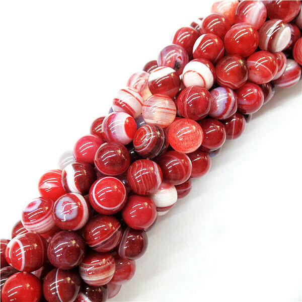 1 Strand 8mm Red&White Stripes Onyx Agate Round Ball Loose Beads 15.5inch HH9037
