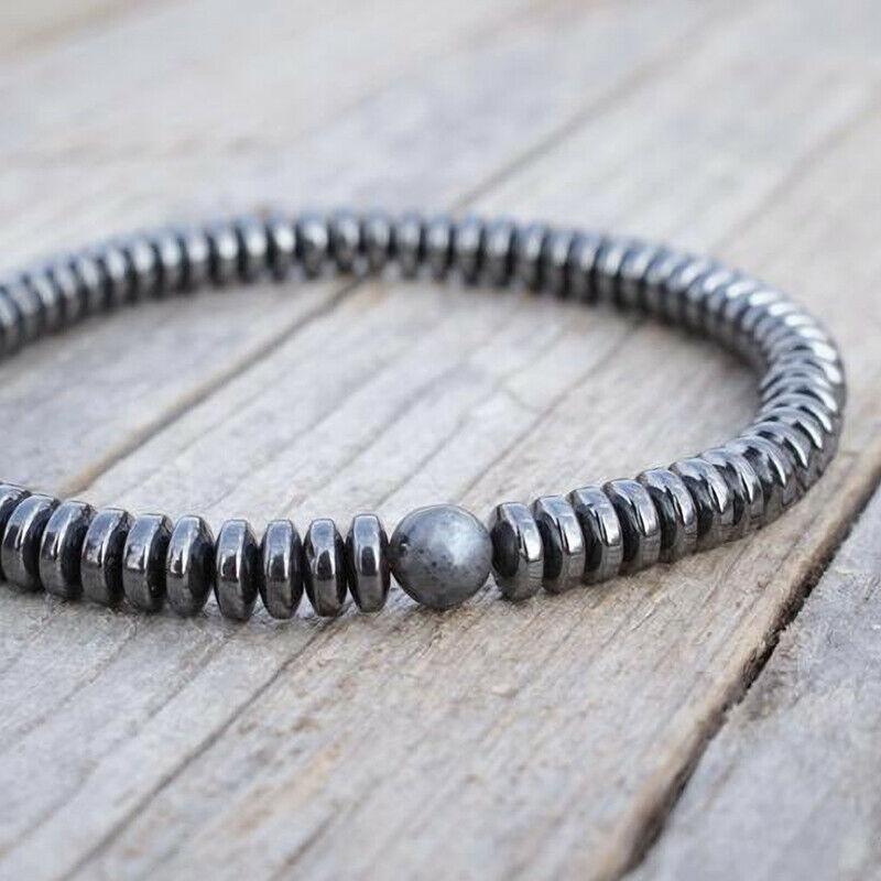 Handmade 6mm Labradorite Stone Hematite Disc Beads Bracelet Gift for Men Jewelry