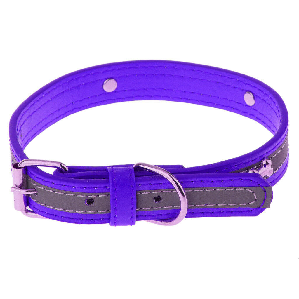 Pet Puppy PU Leather Belt Bone Reflective Safety Buckle Dog Collar-Purple