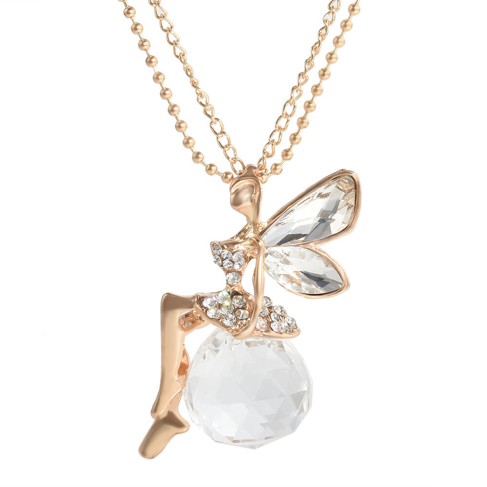Fashion Women Fairy Angel Wing Crystal Pendant Long Chain Sweater Necklace Gift