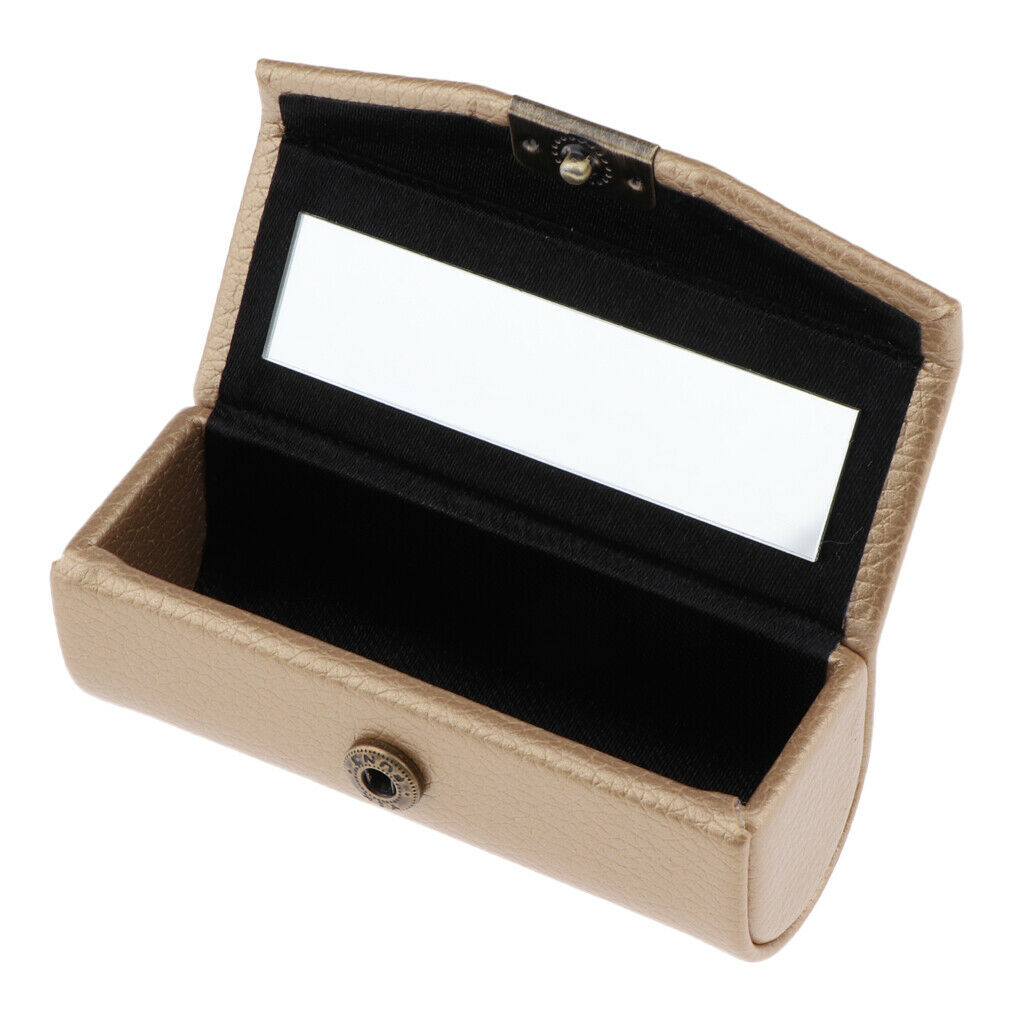 Leather Lipstick Case Holder Storage Box mirror Purse Pocket Pink Golden