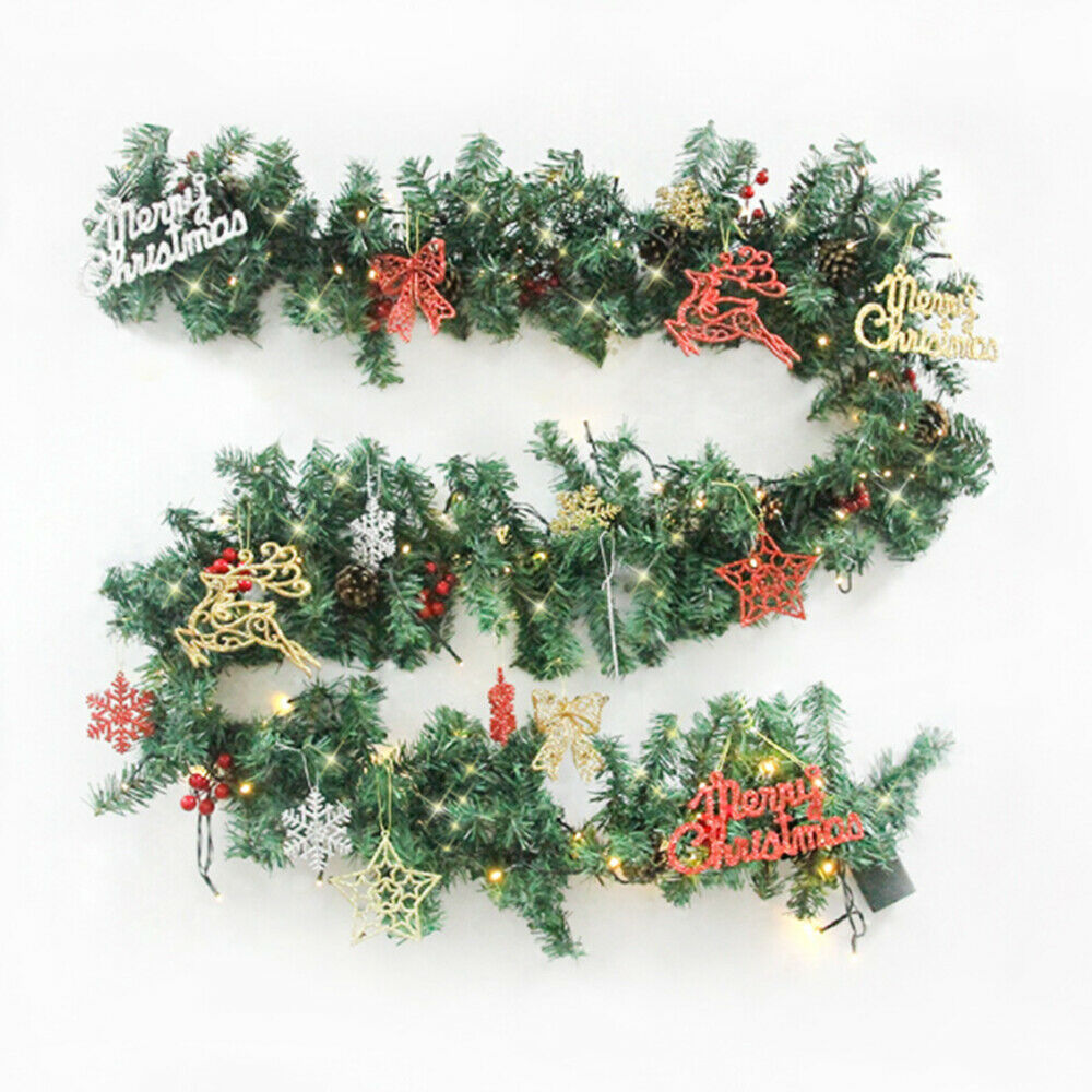 2.7m LED Rattan Garland Snow Flower Green Artificial Xmas Tree Vine Decorative