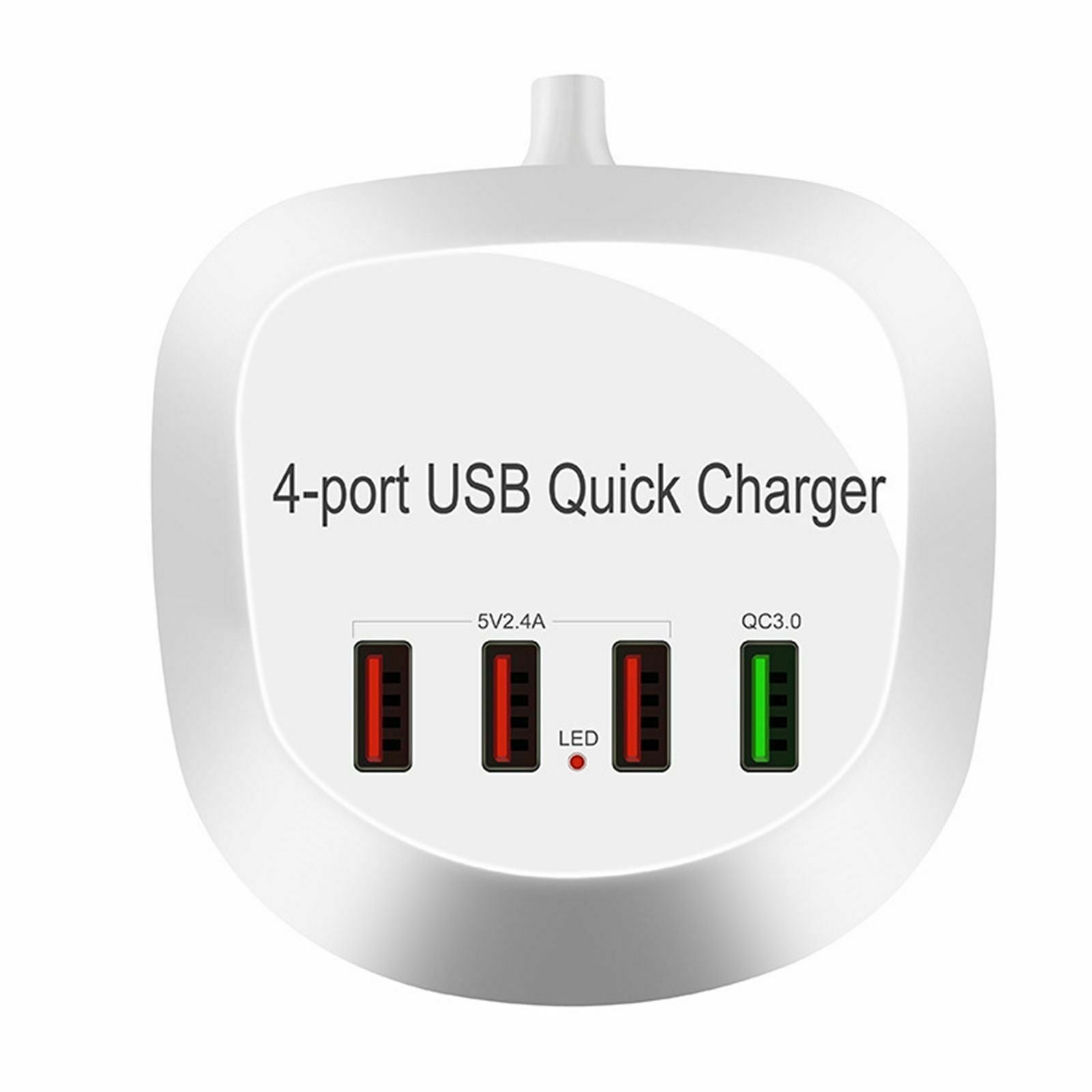 USB Charger Hub with QC 3.0 4 USB Ports 115cm Cord White Compact Plug-US