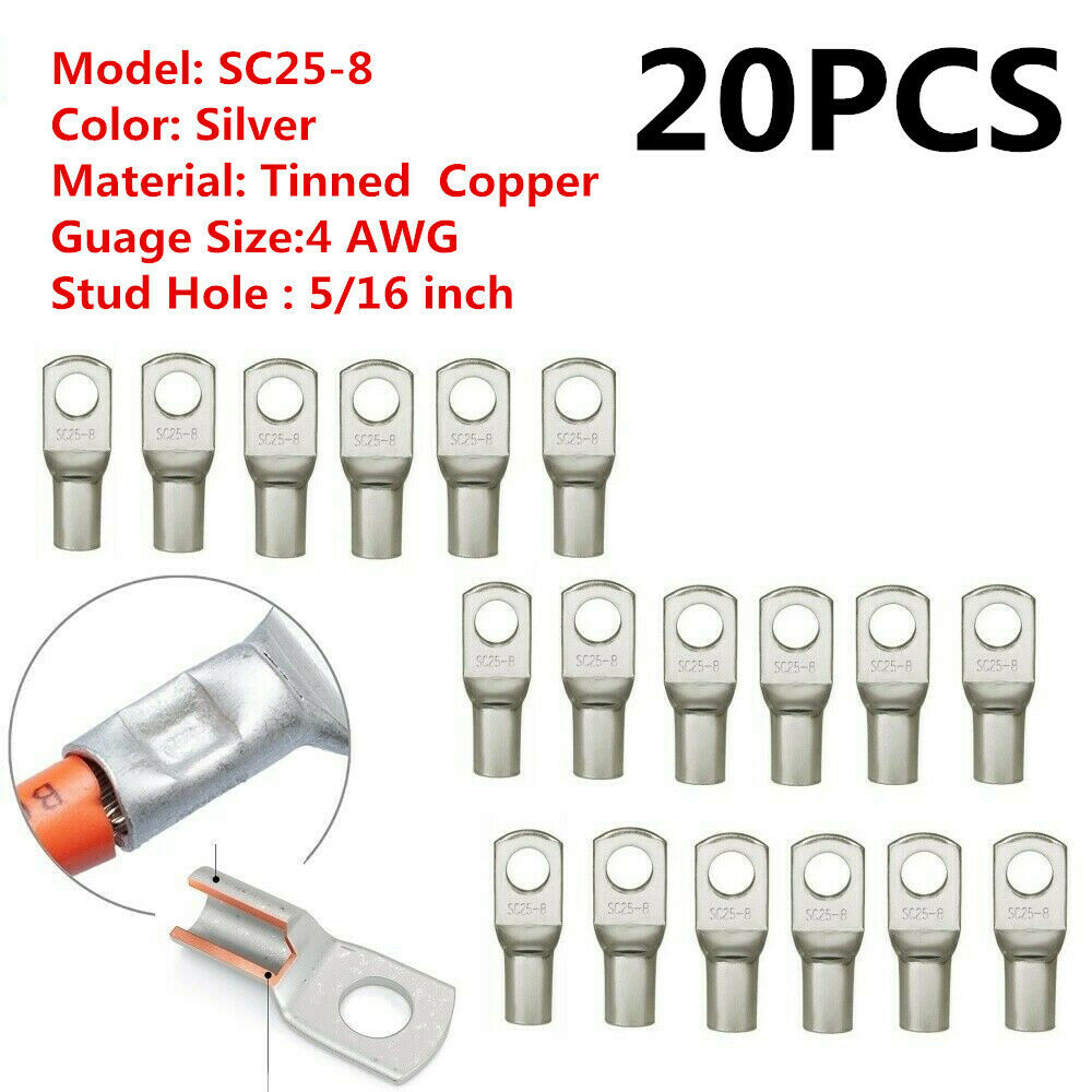 20Pcs Wire Ring Terminal Copper 4 AWG Gauge Connectors Car Audio Terminals 5/16"