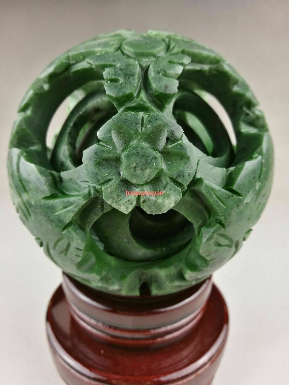 Chinese old green jade carved fengshui dragon ball magic with wood base