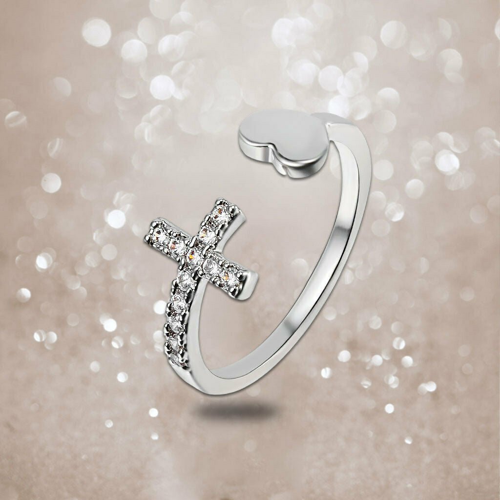 Cross Heart Rings Rhinestone Fashion Opening Rings Jewelry for Women Girls