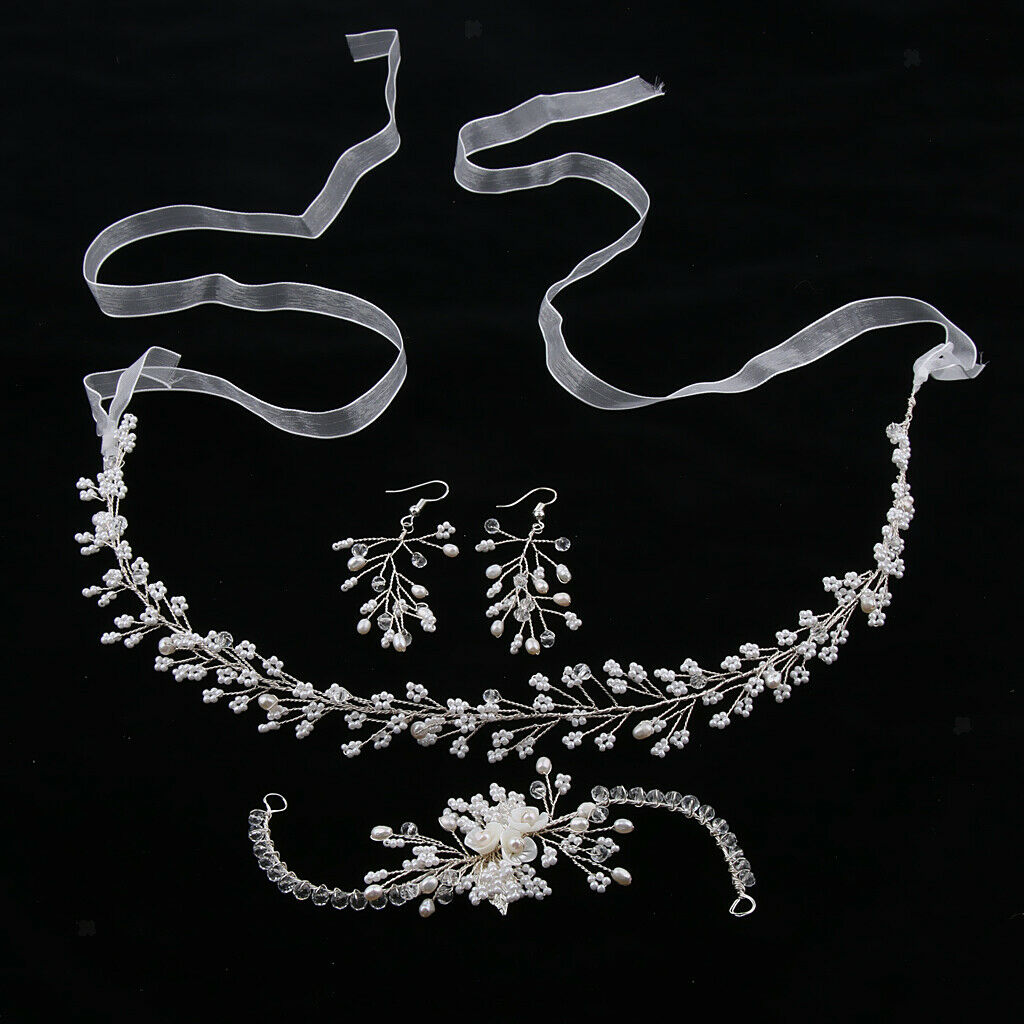 Pearls Beaded Headband Bridal Party Hair Band Vine Bracelet Earrings Set