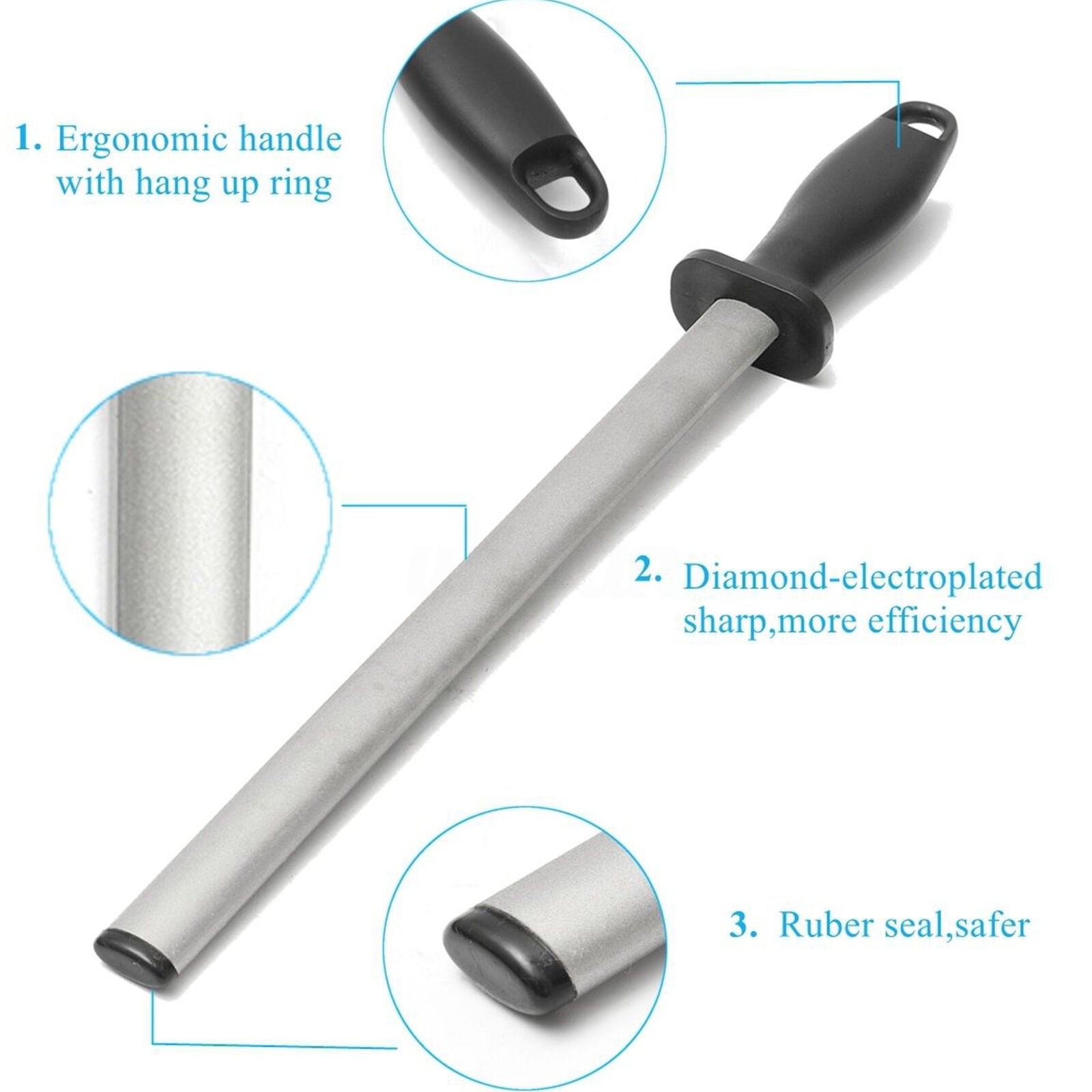 8 Inch 600Grit Diamond Kitchen Sharpening Carbon Steel Rod Sharpener Stone Tool