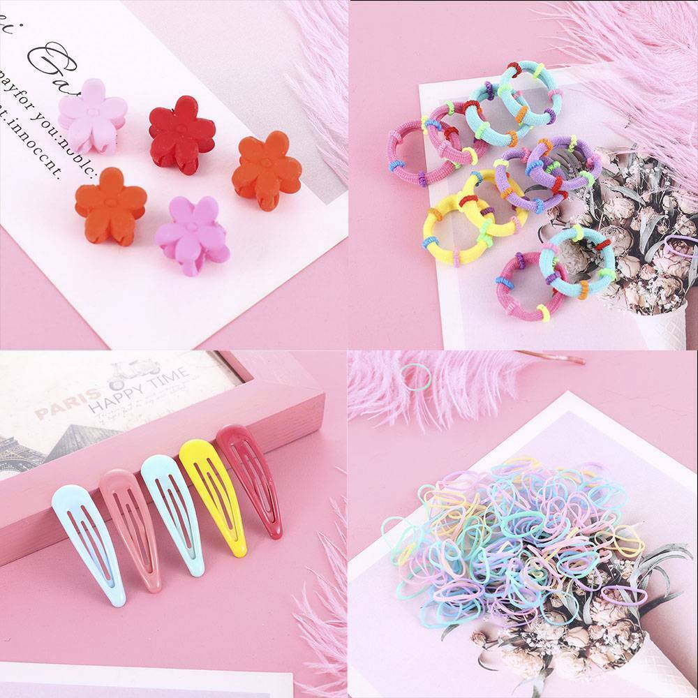 Full Set 220Pcs Candy Colors Girls Kids Hair Clips Rope Ponytail Holder Hairclip