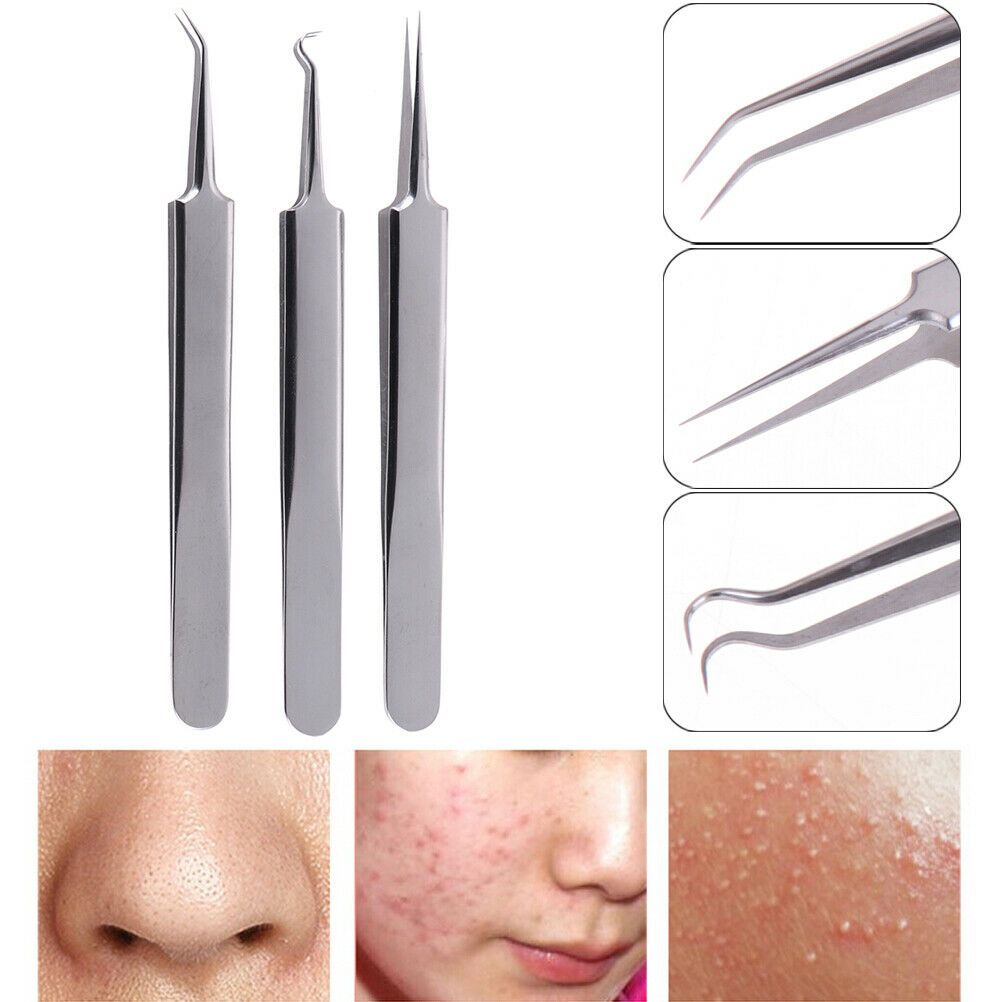 3PCS Precision Tweezers Stainless Steel Curved Fine Tip acne Tweezers Pli Rf