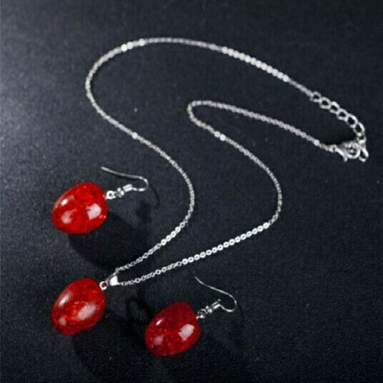 Women'S Chic Tear Drop Red Pendant Necklace+Earring Wedding Jewelry Set