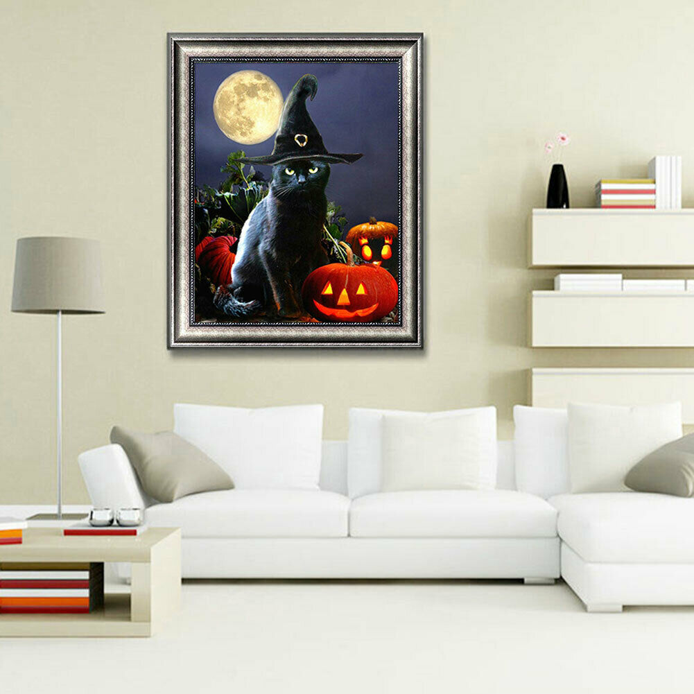 Halloween Black Cat 5D Full Drill Diamond Painting DIY Craft Cross Stitch @