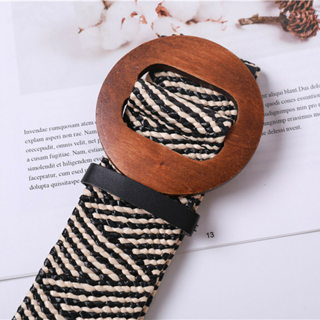 Women Braided Straw Waistband Cinch Belt with Round Wooden Buckle Stripe