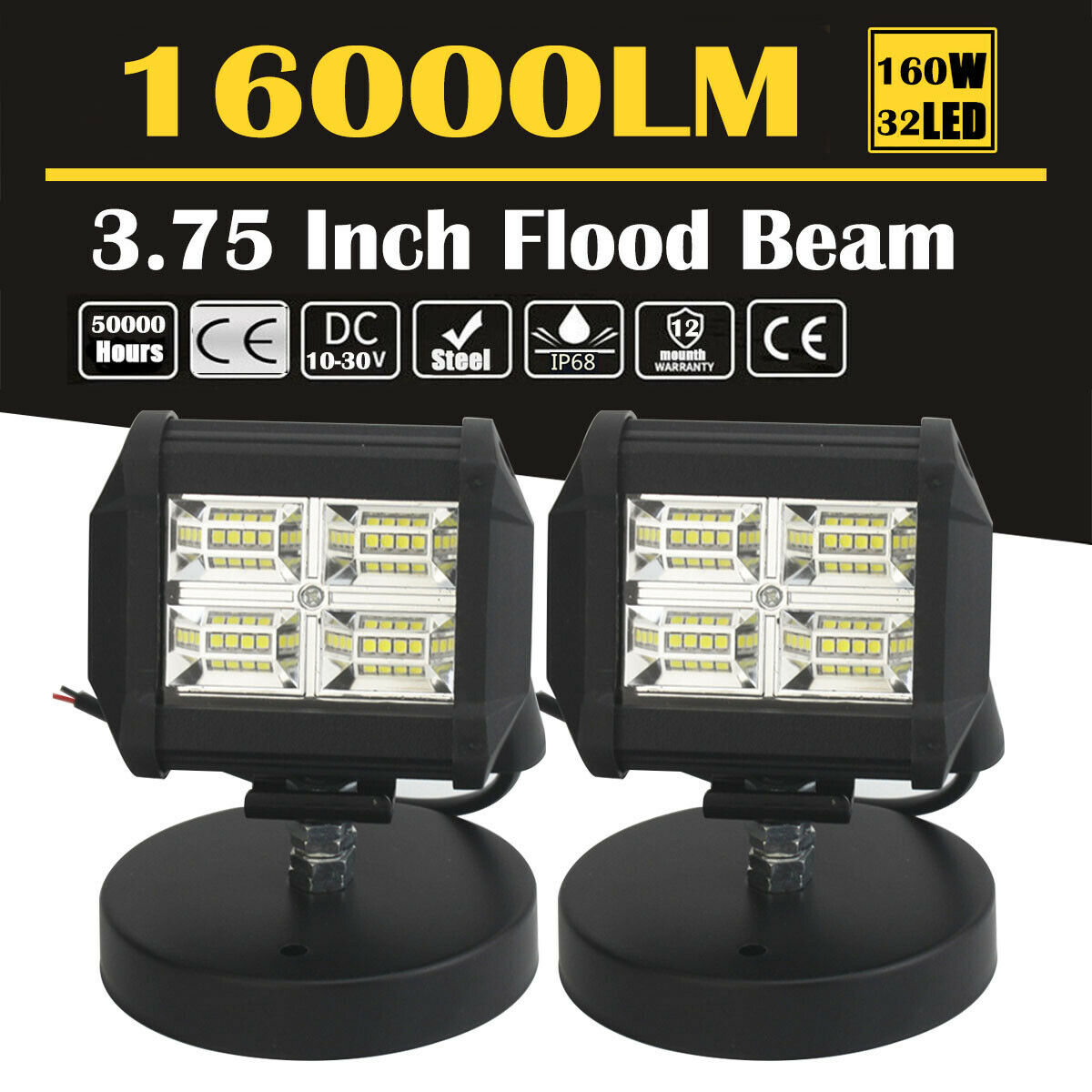 160W 16000LM Light Bar Flood Driving Work 3.75 Inch 32Led + Bracket 4x4 Truck
