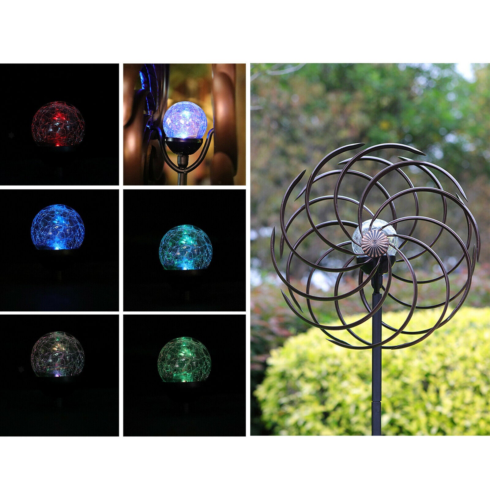 Cast Iron Solar Powered Windmills Wind Spinner Led Lights Walkway Decor Art