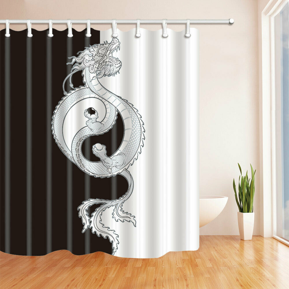 Black and White Dragon Fabric Bathroom Shower Curtains & Hooks 71x71"