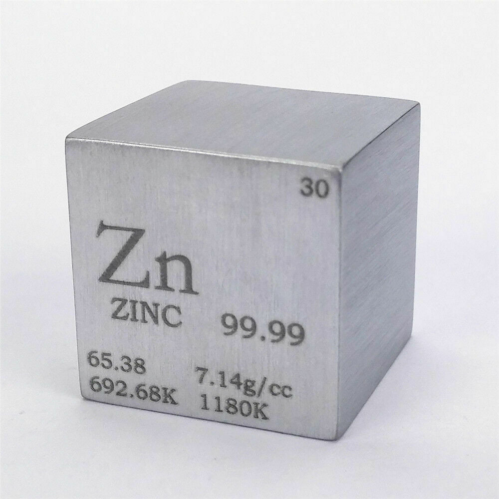1 inch 25.4mm Pure Zinc Metal Cube 117grams 99.99% Engraved Periodic Table