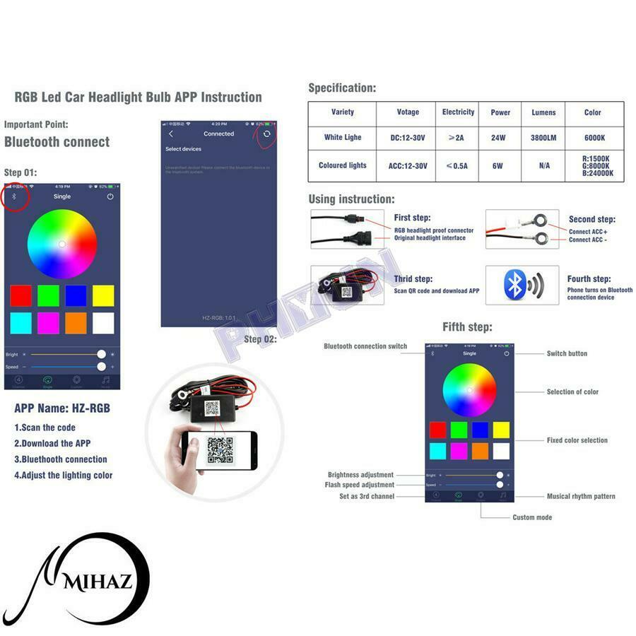 2Pcs 72W LED Car Headlight Bulb Kit H8 H9 H11 Phone Bluetooth Control DC 10V-30V