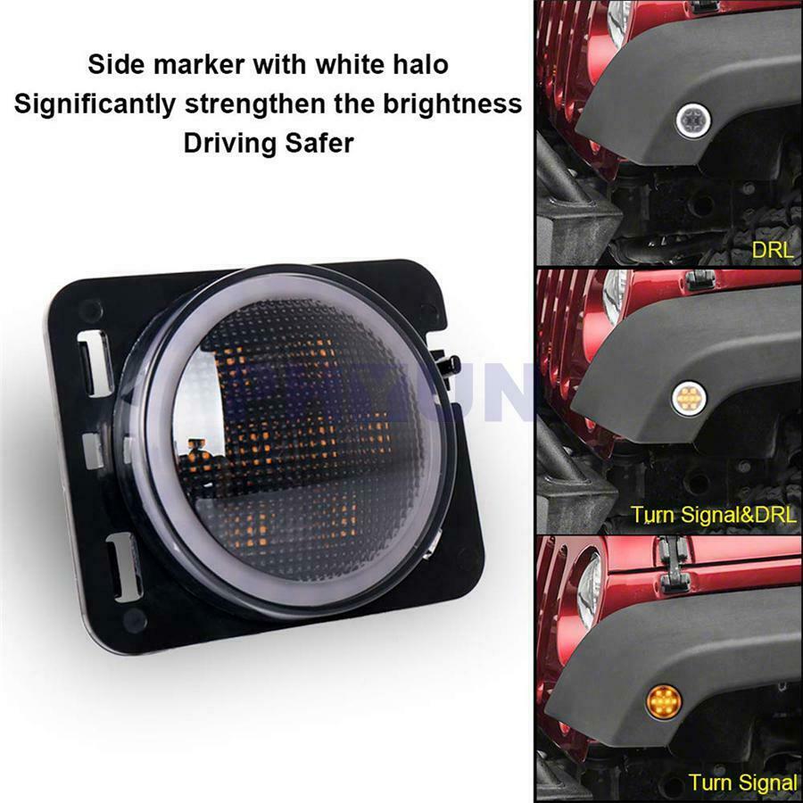 2x Car Front Fender Side Marker Light w/Halo Ring DRL For Jeep Wrangler JK 07-17