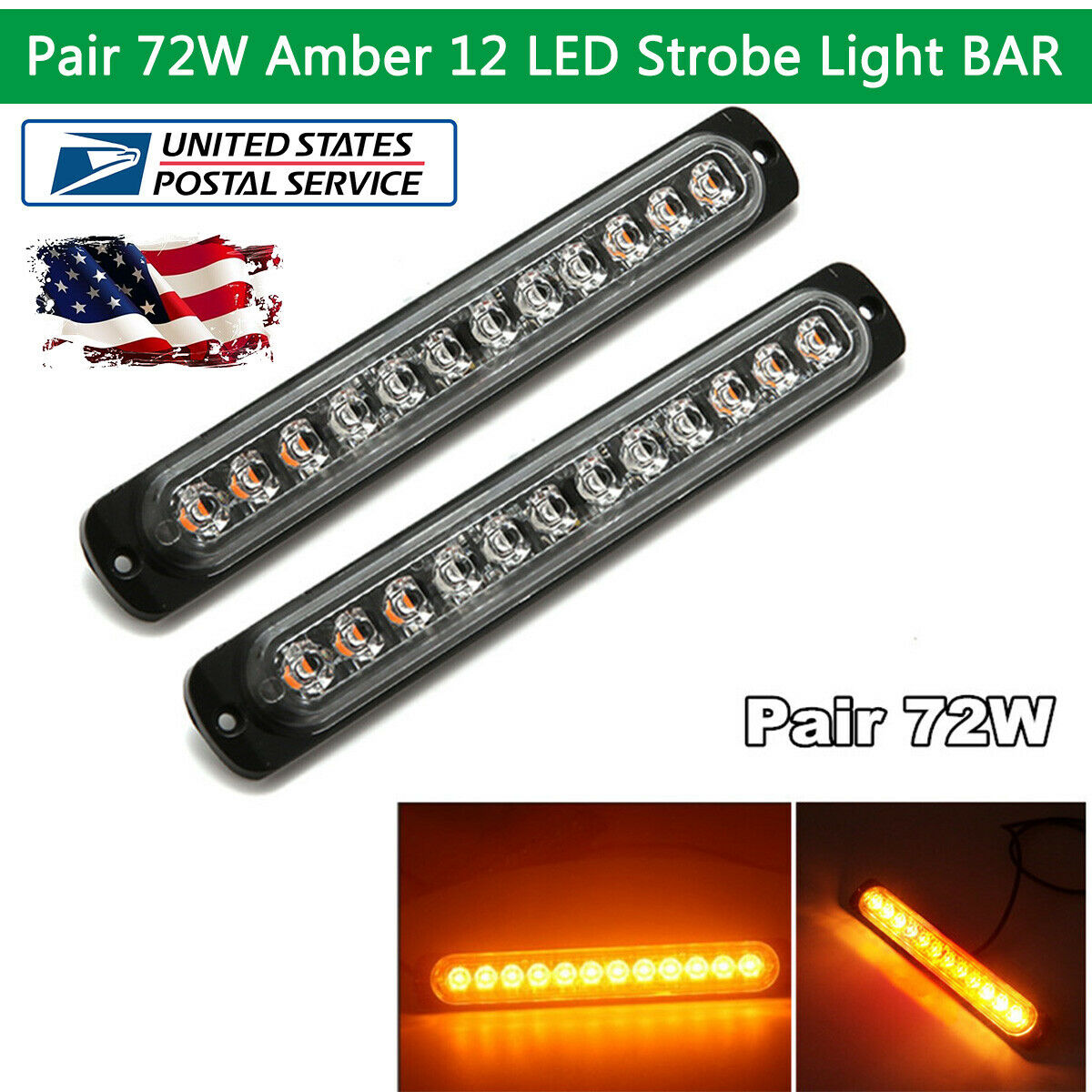2PCS Amber Light LED Strobe Flashing Warning Lights Tow Truck Van Signal Lamp
