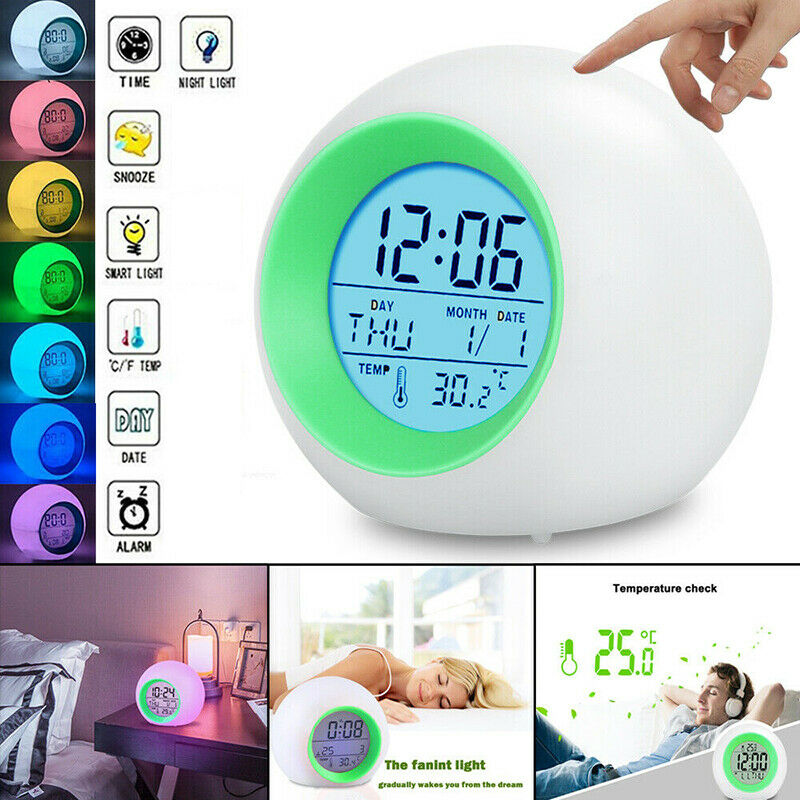 Digital LED Round Snooze Alarm Clock 7 Colors Changing Light Kids Bedroom Decor