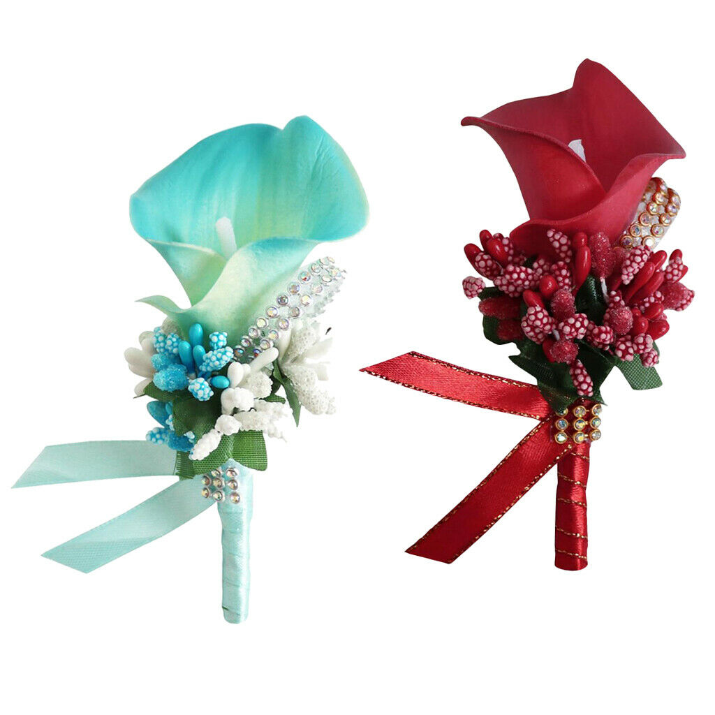 Set 2 Cute Calla Berry Rhinestone Groom Bridal Wedding Corsage Sky Blue+Red