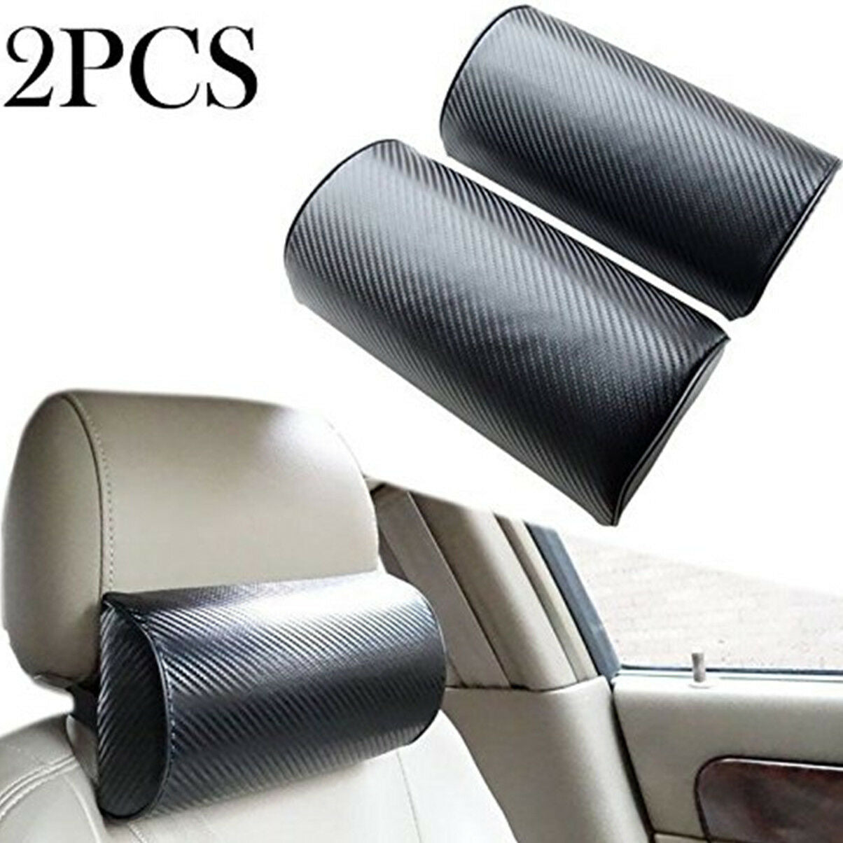 2pcs Carbon Fiber Look + Embroidery Car Seat Neck Cushion Pillow Headrest