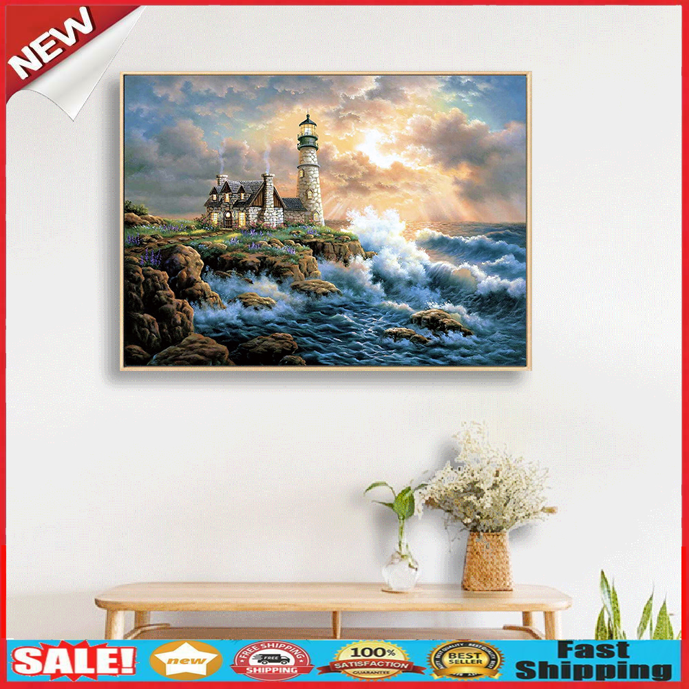 5D DIY Full Drill Diamond Painting Beach Lighthouse Rhinestone Pictures Kit @