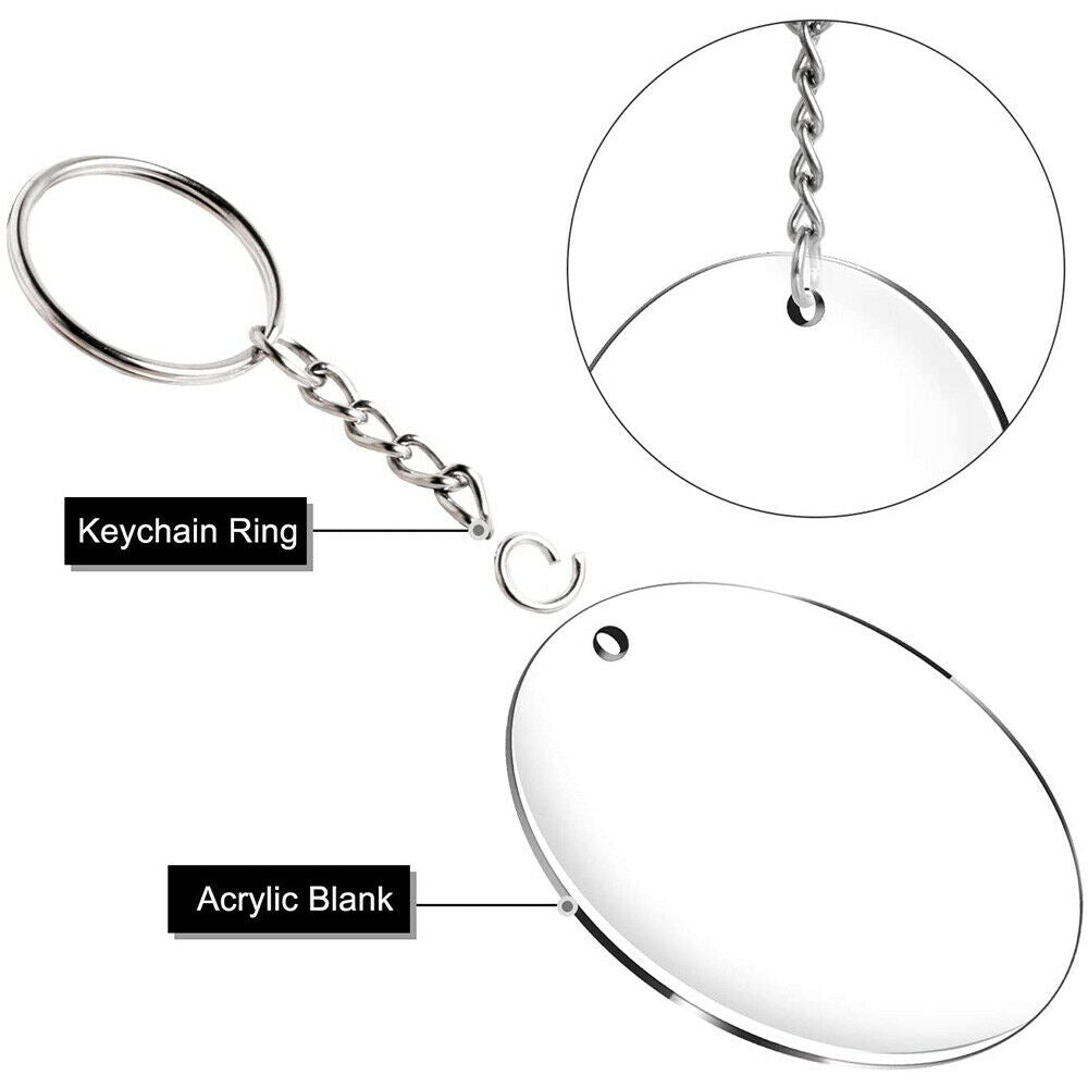 30X 2'' Round Acrylic Keychain Blanks + Metal Split Key Chain Circle Rings Xmas