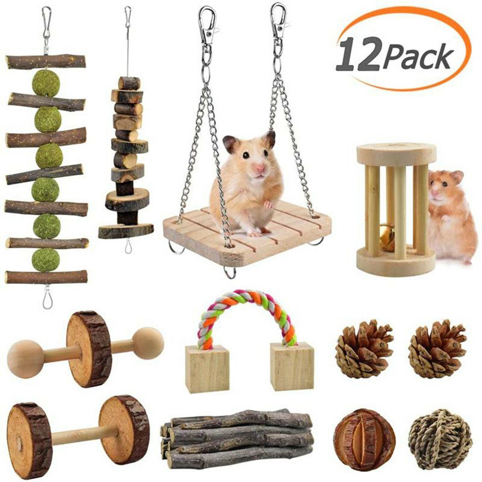12pcs Rabbit Pet Bunny Tooth Chew Toys Natural Wood for Chinchilla, Guinea Pigs