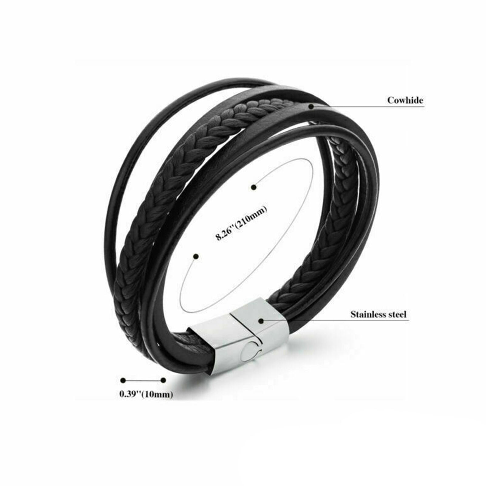 Men's Women's Wheat Leather Bracelet Polish Stainless Steel Buckle Bangle Cuff